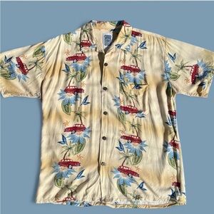Hawaiian Vintage Car Print Button Up Shirt Tropical Beach Button Down Size Small